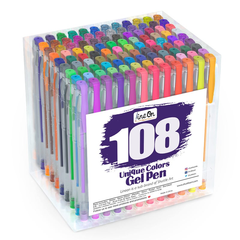 Lineon 108 Colors Gel Pens Set, Gel Pens for Adult Coloring Books Journals Drawing Doodling Art Markers - Image 1